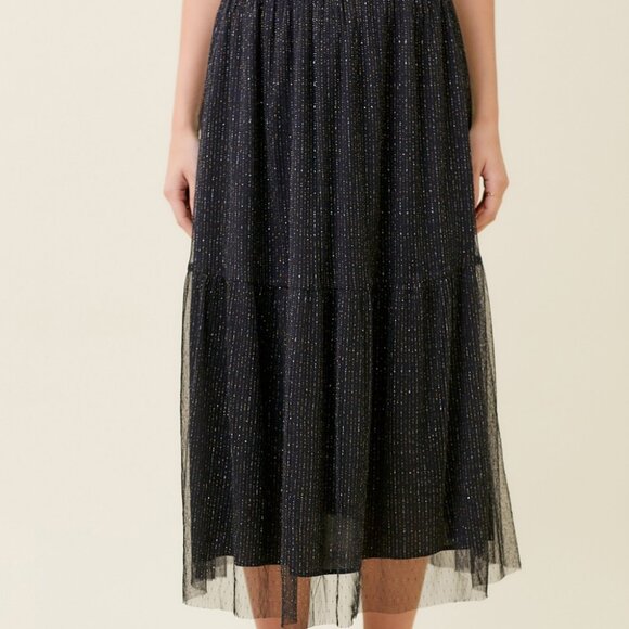 MYSTREE Black Sparkle Mesh Midi Skirt | Shimmer Tiered Tulle | Boutique Trendy - Picture 2 of 8